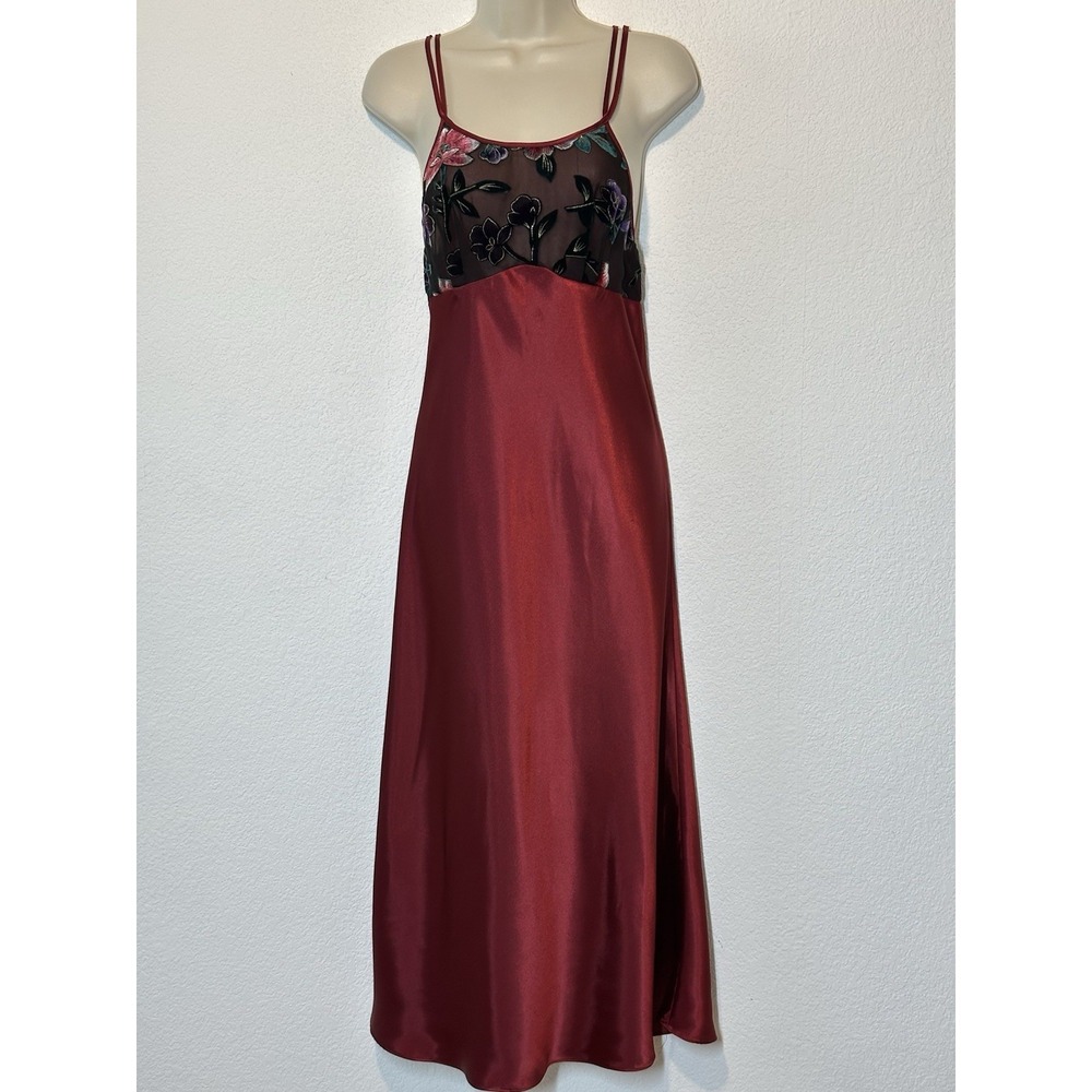 VTG Y2K‎ 90's Fairy Slip Dress S Sheer Velvet Burnout Yoke Whimsigoth Red Satin